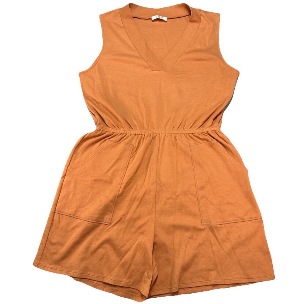 Zenana Romper Sleeveless V-neck Rusty Orange, Pockets Sz 1X Comfy, Preppy, Dress